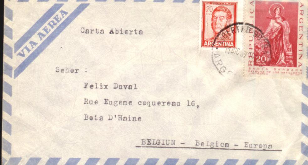 Lettre De Lavalle Y Habana, Libertad, Argentine (Argentina) Vers Bois-d'Haine, Belgique 11/12/67 - Autres & Non Classés
