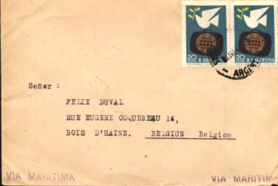 Lettre De Libertad Argentina Vers La Belgique 3/8/1967 + Cachet Via Maritima - Autres & Non Classés