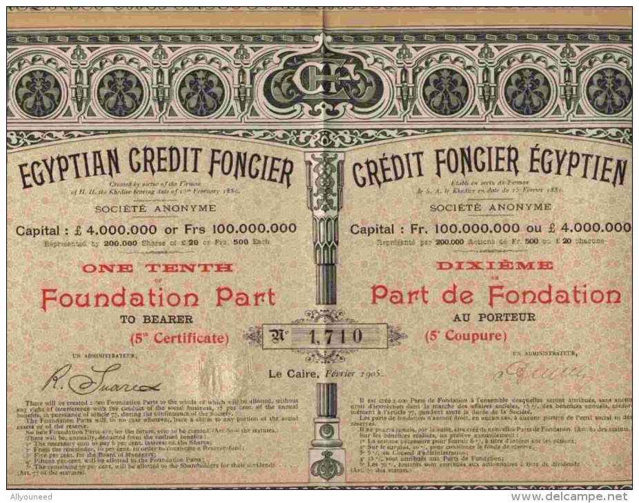 RARE : CREDIT FONCIER EGYPTIEN : EGYPTIAN CREDIT FONCIER  ( PART) - Banque & Assurance