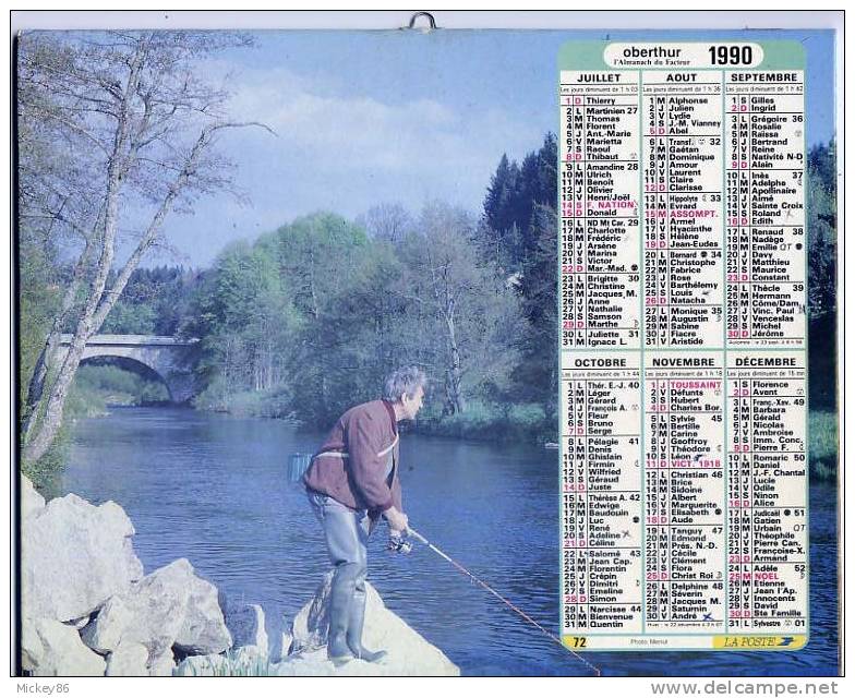 CALENDRIER DES PTT- 1990- Dépt 86-VIENNE- Scènes De Chasse-chien Griffon Cortal- Et De Peche-pont - Tamaño Grande : 1981-90