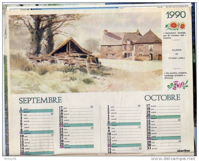 CALENDRIER DES PTT- 1990- Dépt 86-VIENNE- Scènes De Chasse-chien Griffon Cortal- Et De Peche-pont - Tamaño Grande : 1981-90