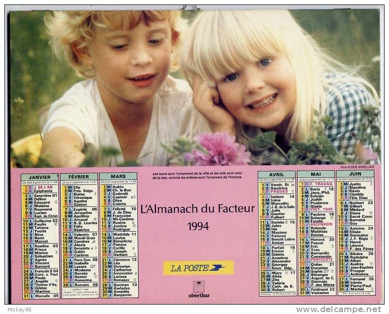 ALMANACH DU FACTEUR 1994  Dépt 86-ENFANTS- ENFANT Et CHAT - Tamaño Grande : 1991-00