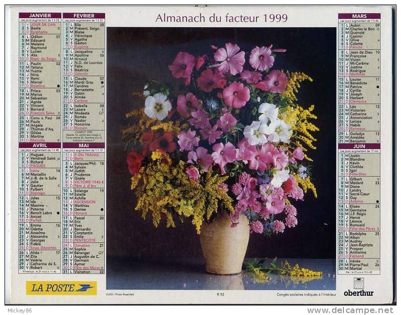 L´almanach Du Facteur  1999  Dépt 86-  Fleurs  En Vase - Tamaño Grande : 1991-00