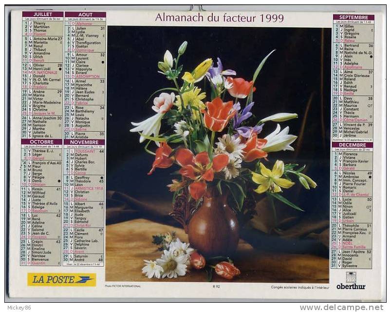 L´almanach Du Facteur  1999  Dépt 86-  Fleurs  En Vase - Formato Grande : 1991-00