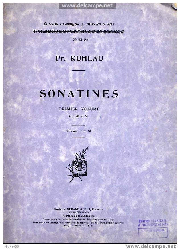 9 SONATINES  De   Fr. KUHLAU--- Editions Classiques A.DURAND ET FILS - J-L