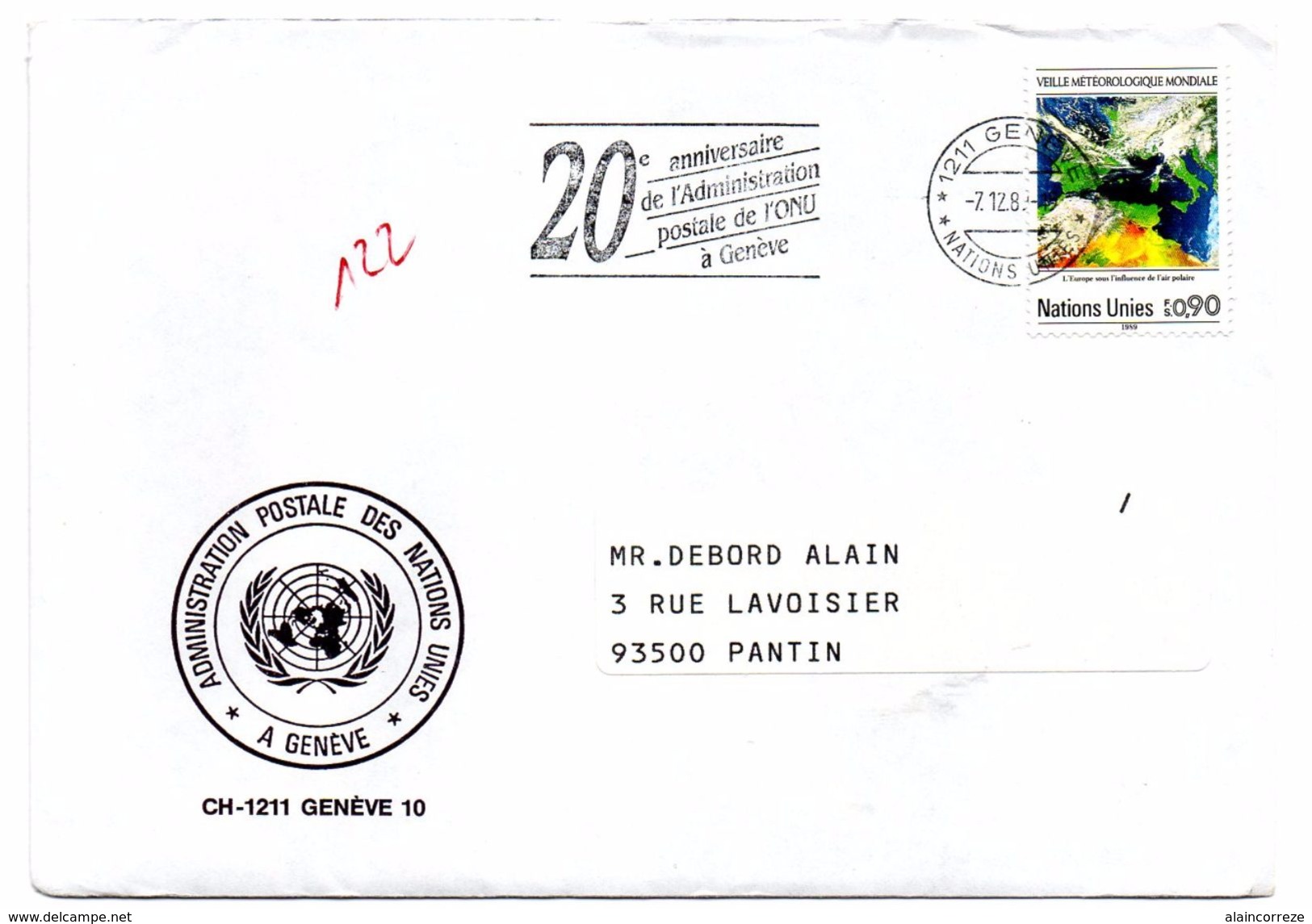 Flamme 20e Anniversaire Administration Postale ONU Genève + Carte - Sonstige & Ohne Zuordnung
