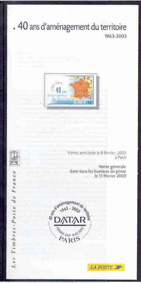 DOCUMENT EMISSION TIMBRE - 40 ANS D'AMENAGEMENT DU TERRITOIRE - DATAR MAP DE FRANCE - Autres & Non Classés