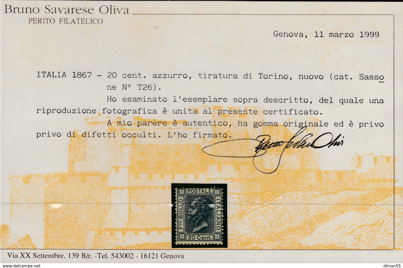 ITALIA - Sassone N.26T - Cv 1100 Euro - Certificato Savarese Oliva - Linguellato - MH* - Ungebraucht