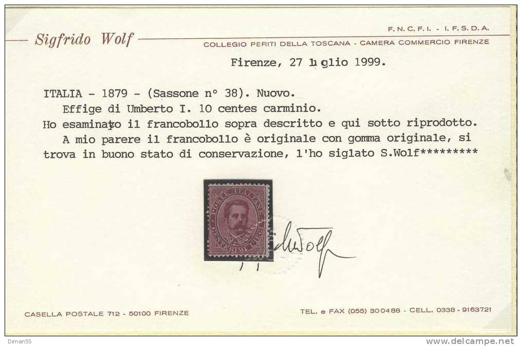 ITALIA - Sassone N.38 Cat. 660 Euro- Certificato Wolf - MH* - Linguellato - Neufs