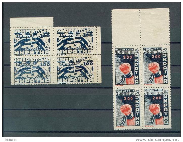 CARPATHO UKRAINE, 2 BLOCKS OF 4 1945 NEVER HINGED! - Carpatho-Ukraine