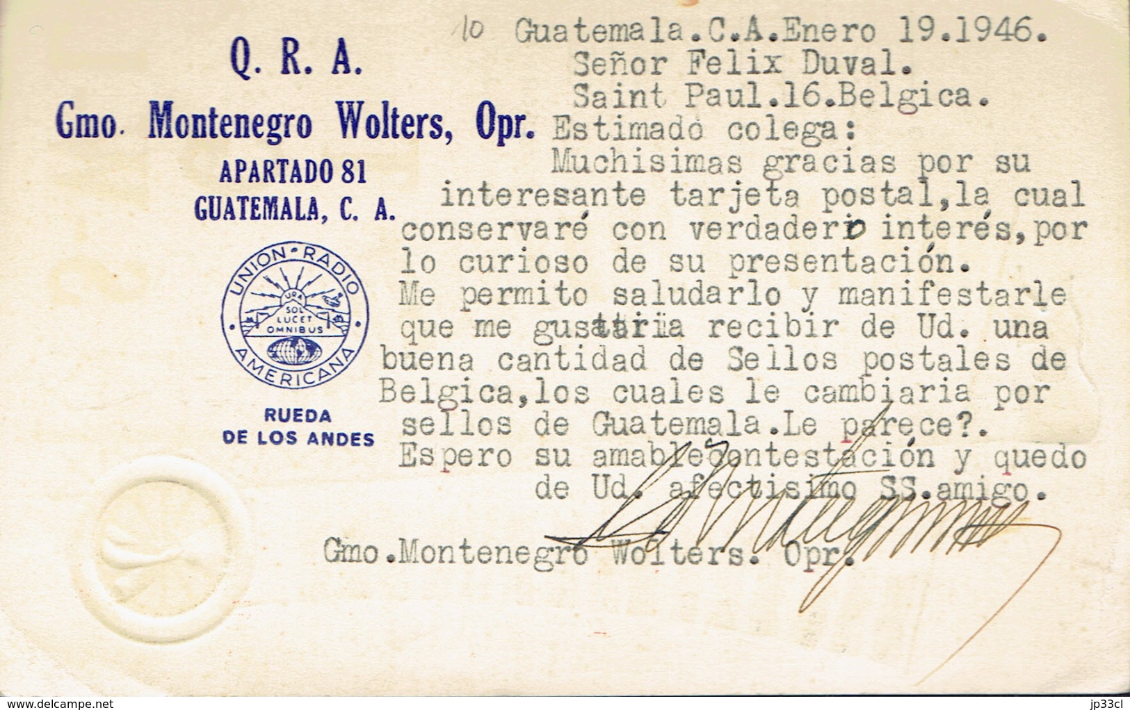 Drapeaux Du Continent Américain Sur  QSL De TG SWL Gmo Montenegro Wolters, Guatemala City Du 19/1/1946 - Guatemala