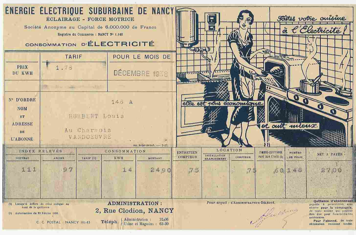 Facture électricité 1938  Avec Pub - Elektrizität & Gas