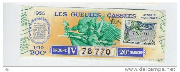 LOTERIE NATIONALE 1955, Les Gueules Cassées,1/10, 200f, Tr20 GrIV...Timbre Oiseau - Billets De Loterie