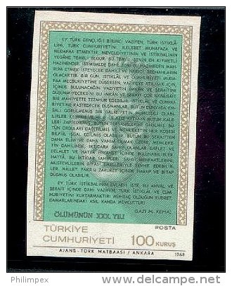 TURKEY, EXCELLENT STAMP 100 K ATATUERK 1968 IMPERF - Ongebruikt