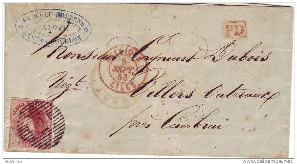 Tres Belle Lettre D´ALOST 5/9/1853 Vers La FRANCE N°8 4M *SUPERBE* - 1851-1857 Medaillons (6/8)