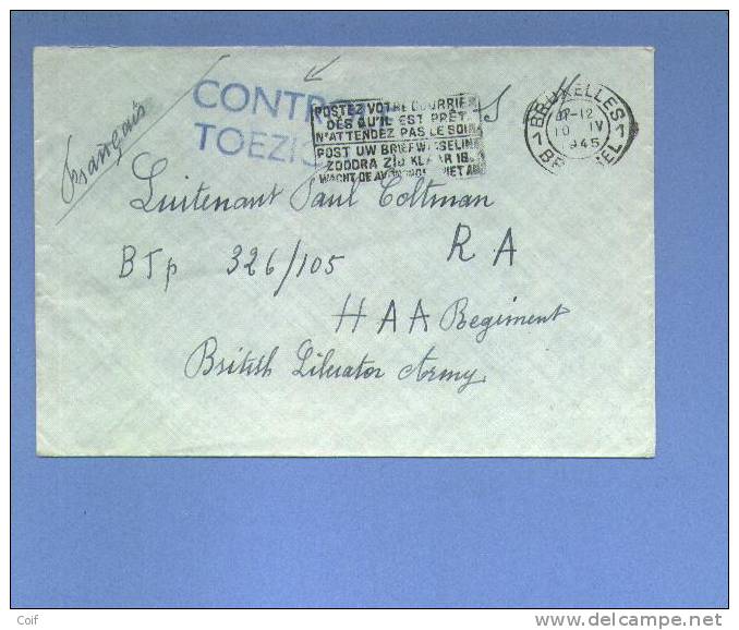 Brief Van BRUSSEL 10/04/1945 Met Stempel CONTROLE / TOEZICHT (blauw) - Weltkrieg 1939-45 (Briefe U. Dokumente)