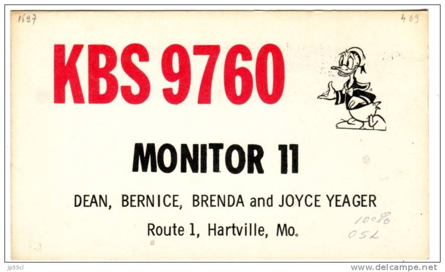 Donald Duck Sur QSL De Hartville (Mo) - De Dean Yeager, Route 1, KBS 9760, Avril 1969 - Autres & Non Classés