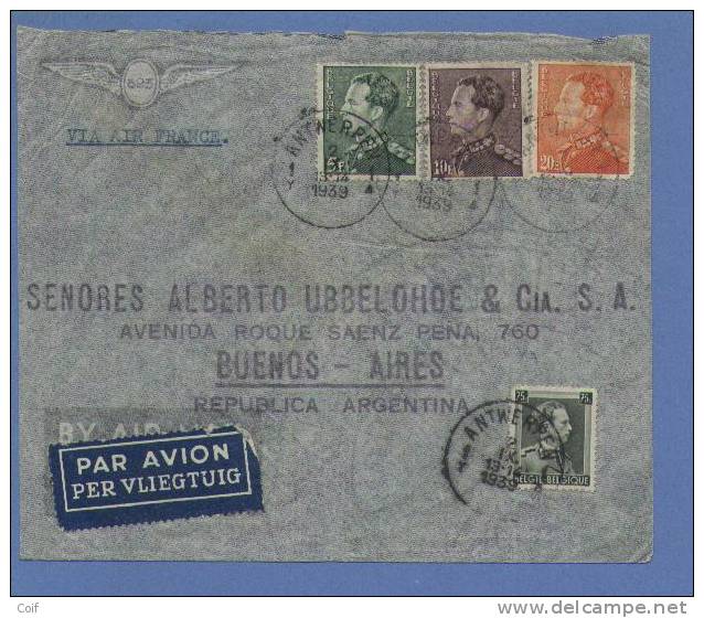 433+434+435+480 Op Luchtpostbrief ,stempel ANTWERPEN Op 2/09/39 Naar Argentina, "Via Air France" - 1936-51 Poortman