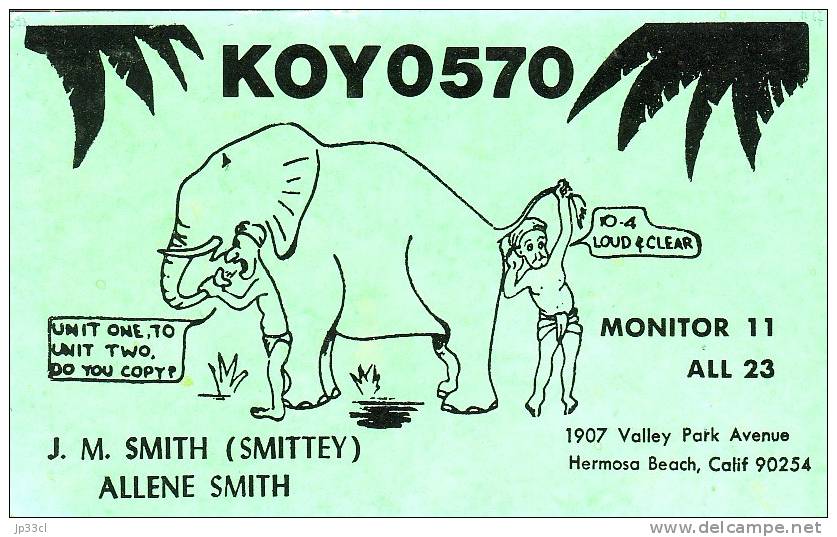 Élephant Sur QSL De Hermosa Beach (Californie) - De J.M. Smith, Valley Park Avenue, KOY 0570, Nov. 1967 - Éléphants