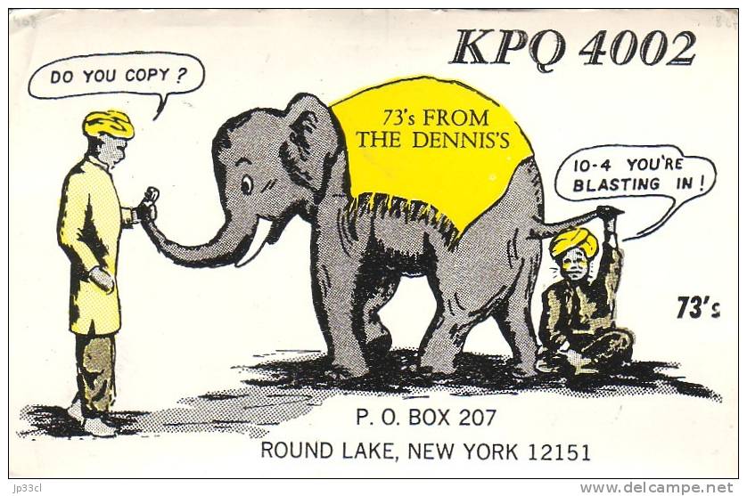 Éléphant Sur QSL De Round Lake (New York) - De The Dennis, KPQ 4002, Août 1967 - Elefanti