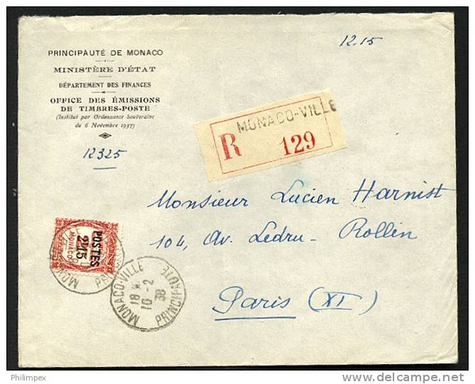 MONACO REGISTERED COVER 1938 TO PARIS - Postmarks