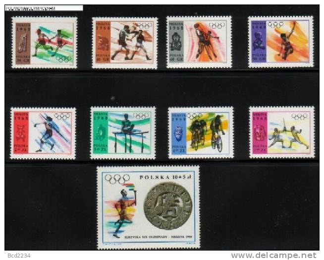 POLAND 1968 24th OLYMIC GAMES MEXICO SET OF 9 NHM Basketball Sport Fencing Cycling Bikes Gymnastics Javelin Jump Boxing - Unused Stamps