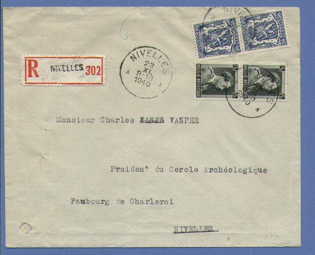 426(2)+480(2) Op Aangetekende Brief, Cirkelstempel NIVELLES Op 23/11/1940 - 1936-1957 Collar Abierto