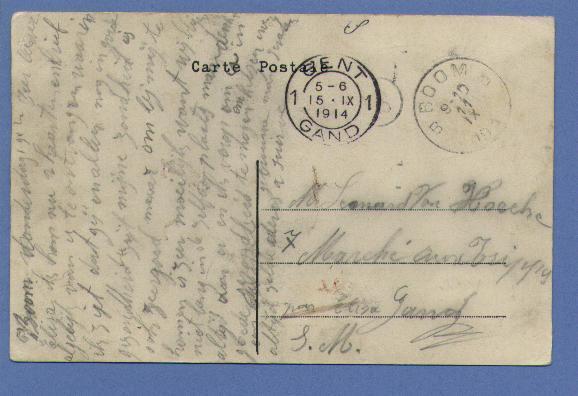 Postkaart Verzonden Met Cirkelstempel BOOM Op 11/09/1914 Naar GENT 1 Op 15/09/14 (Offensief W.O.I) - Sonstige & Ohne Zuordnung