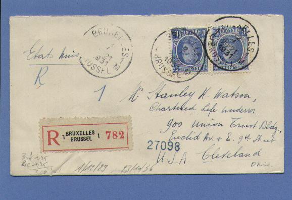 257(in Paar) Op Aangetekende Brief, Cirkelstempel BRUSSEL Op 12/1/1931 Naar U.S.A. - 1922-1927 Houyoux
