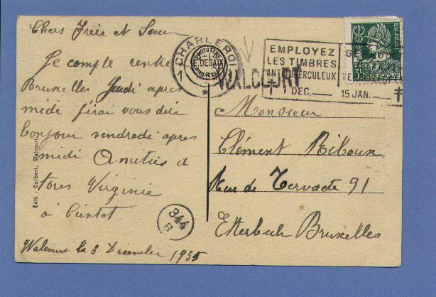 340 Op Postkaart Met Naamstempel  WALCOURT - 1932 Ceres Und Mercure