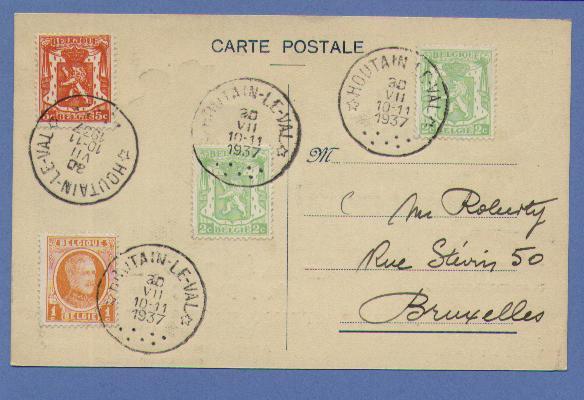 190+418a(2)+419 Op Postkaart Met Sterstempel * HOUTAIN-LE-VAL * - 1922-1927 Houyoux