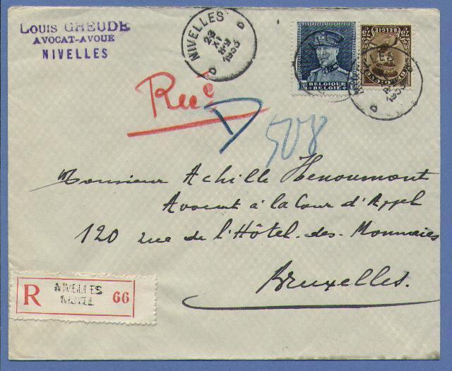 320 + 341 Op Aangetekende Brief, Cirkelstempel NIVELLES D Op 23/11/1933 - 1931-1934 Képi