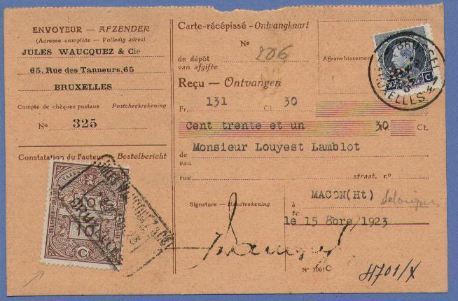 211 Op Ontvangkaart Met Firma-perforatie (Perfin / Perfore) Van "JULES WAUCQUEZ & Cie" Te BRUSSEL,+fiscale-zegel ! - 1909-34