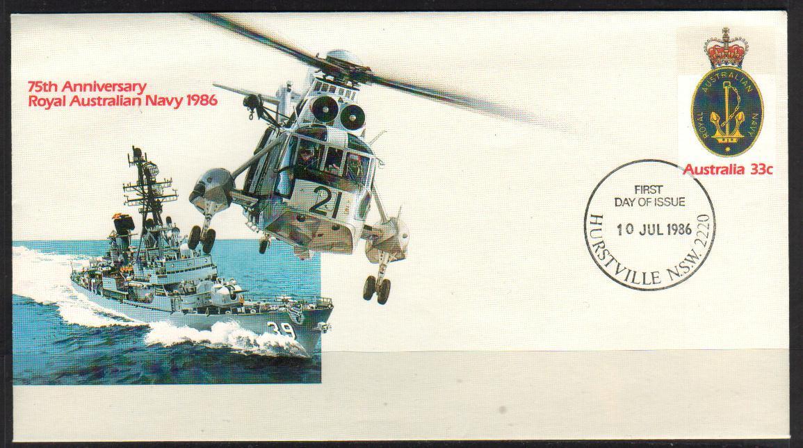 AUSTRALIA PSE108 1986 FDC 75TH ANNIV OF ROYAL AUSTRALIAN NAVY FDI HURSTVILLE Ships Destroyer Helicopter Maritime Flight - Schiffe