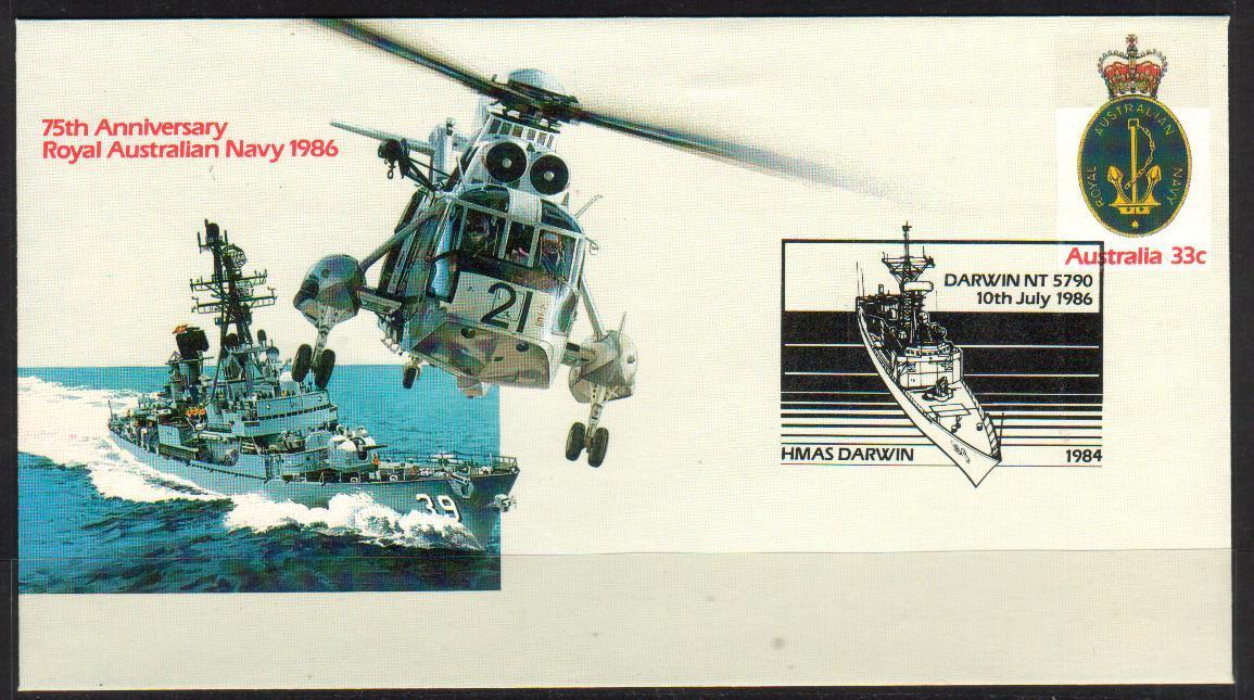 AUSTRALIA PSE108 1986 FDC 75TH ANNIV OF ROYAL AUSTRALIAN NAVY FDI HMAS DARWIN Ships Destroyer Helicopter Maritime Flight - Helikopters