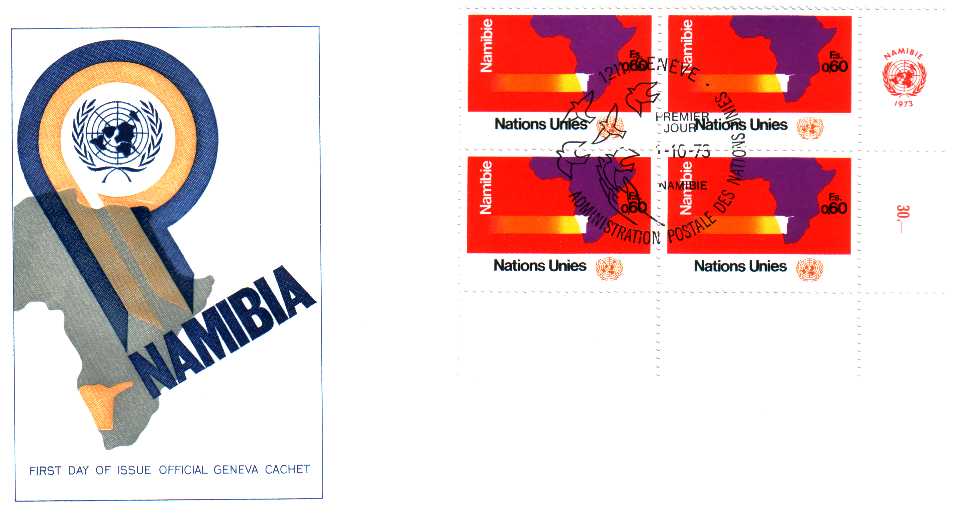 Genève Administration Postale UN 1975 Fdc Bloc De 4 Namibie - Sonstige & Ohne Zuordnung