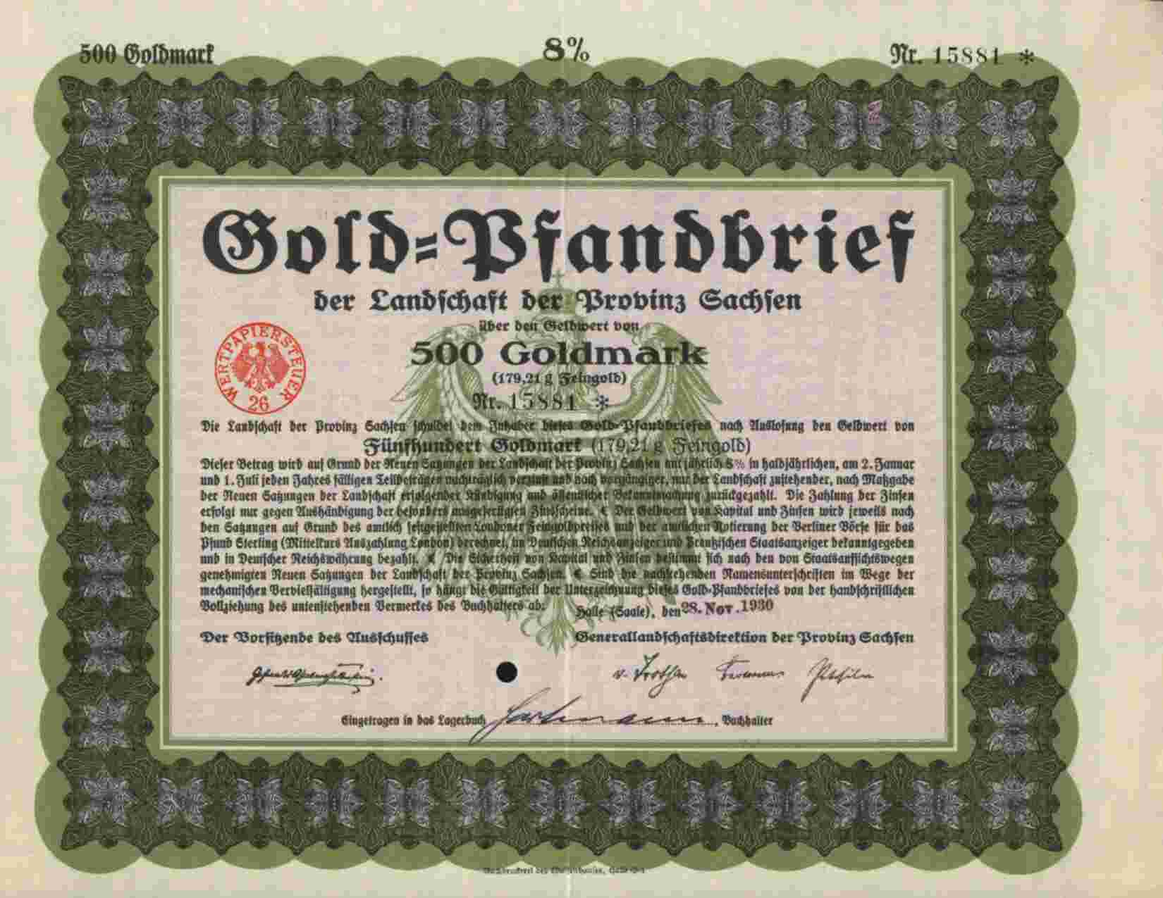 GOLD PFANDBRIEF LANDSCHAFT DER  PROVINZ SACHSEN ,HALLE 500 GOLDMARK 1930 - Bank En Verzekering