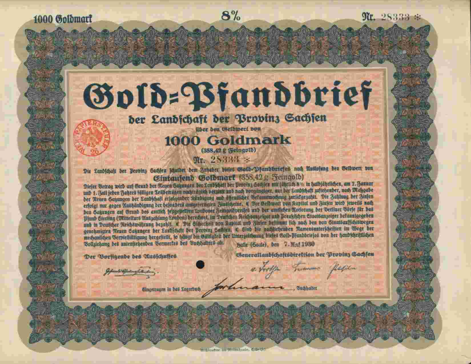 GOLD PFANDBRIEF LANDSCHAFT DER  PROVINZ SACHSEN ,HALLE 1000 GOLDMARK 1930 - Bank En Verzekering