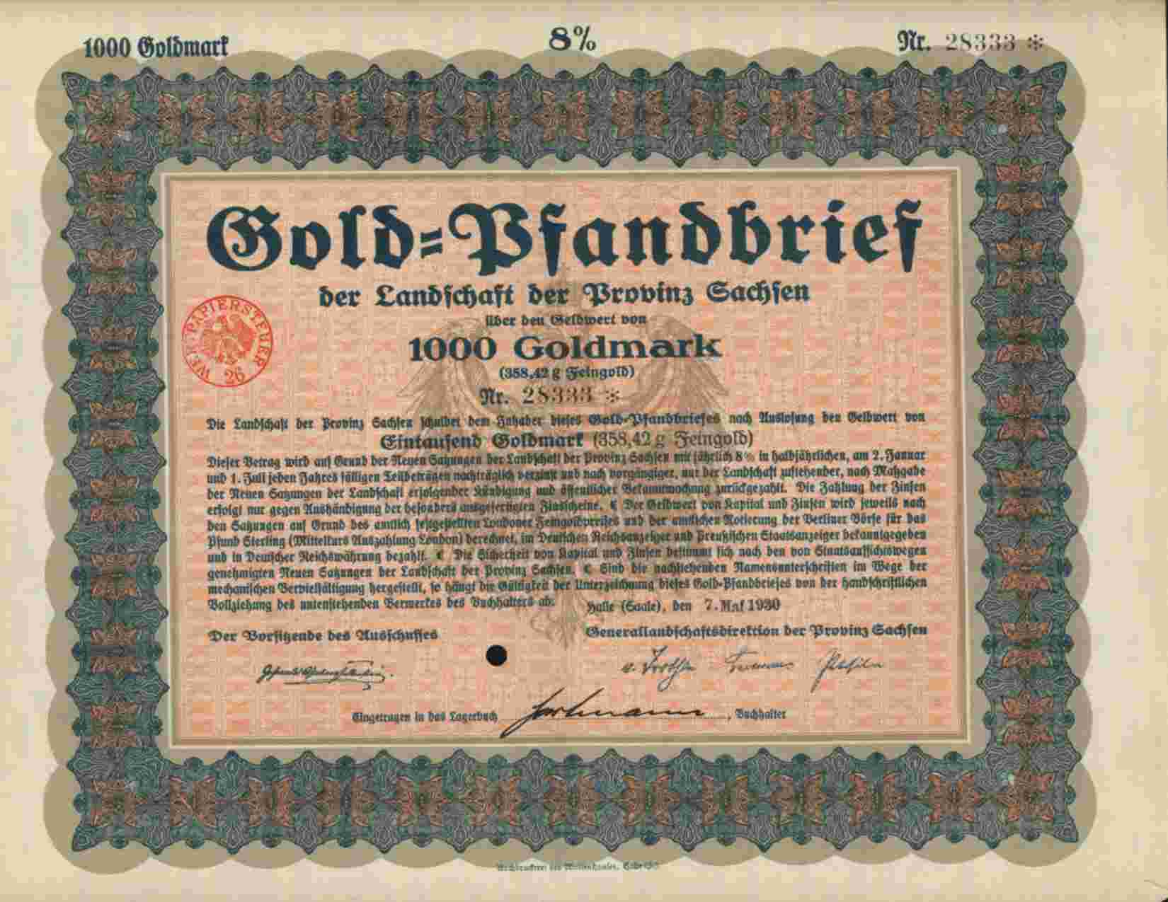 GOLD PFANDBRIEF LANDSCHAFT DER  PROVINZ SACHSEN ,HALLE 1000 GOLDMARK 1930 - Banque & Assurance