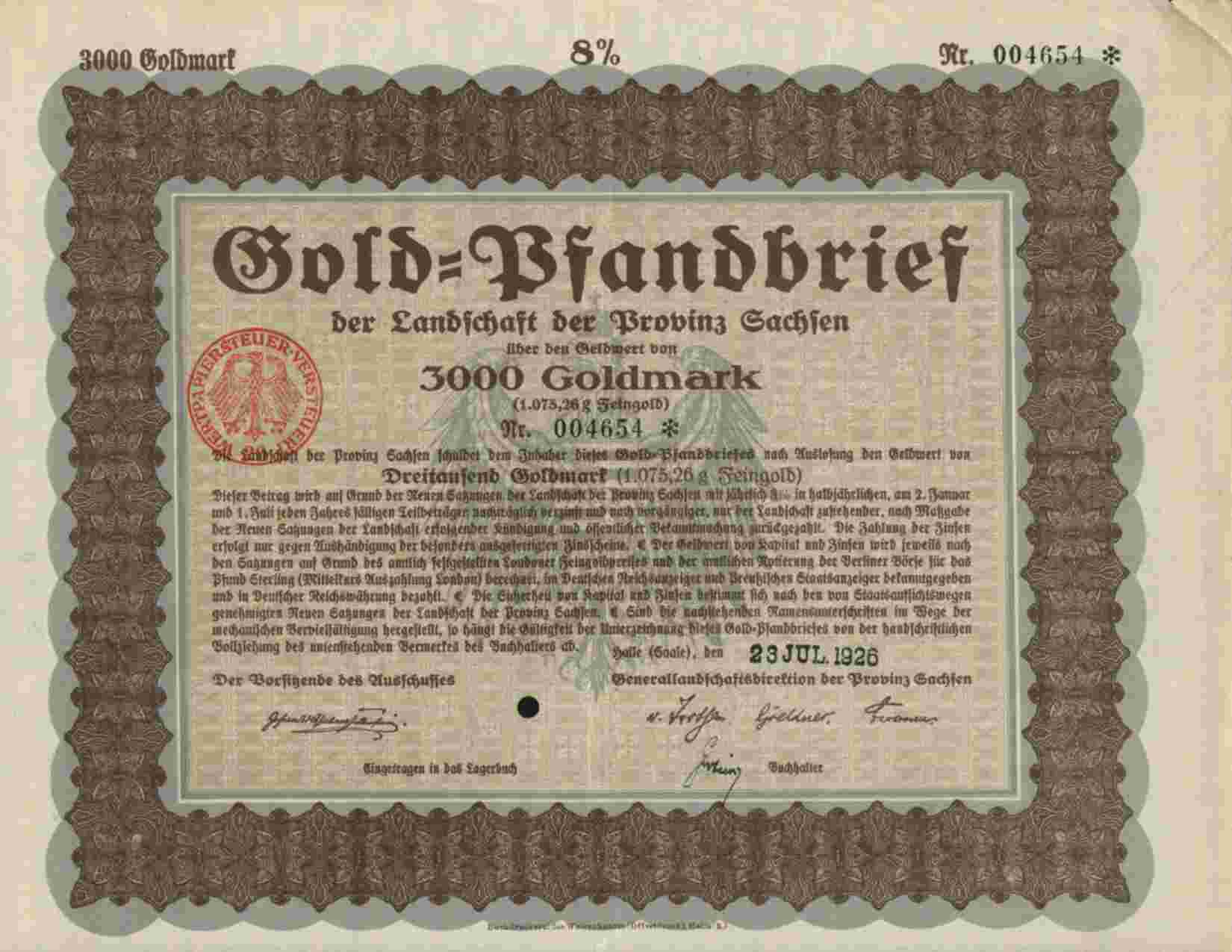 GOLD PFANDBRIEF LANDSCHAFT DER  PROVINZ SACHSEN ,HALLE 3000 GOLDMARK 1926 - Bank En Verzekering