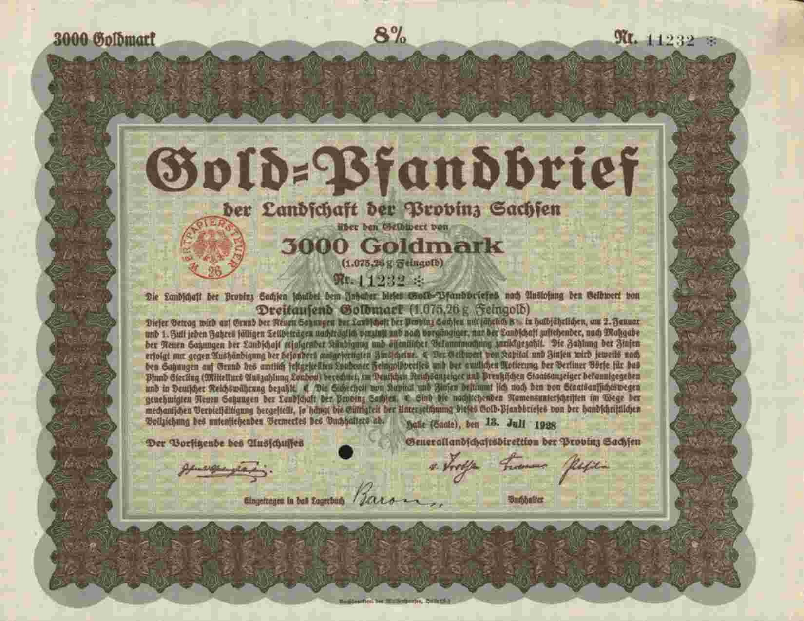 GOLD PFANDBRIEF LANDSCHAFT DER  PROVINZ SACHSEN ,HALLE 3000 GOLDMARK 1928 - Bank & Versicherung