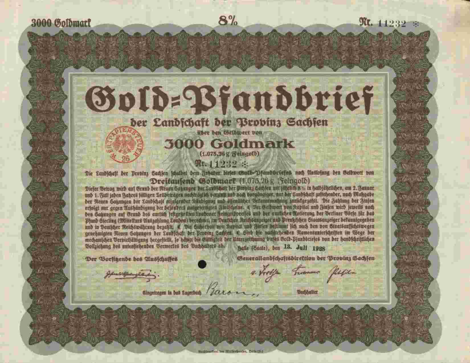 GOLD PFANDBRIEF LANDSCHAFT DER  PROVINZ SACHSEN ,HALLE 3000 GOLDMARK 1928 - Banque & Assurance
