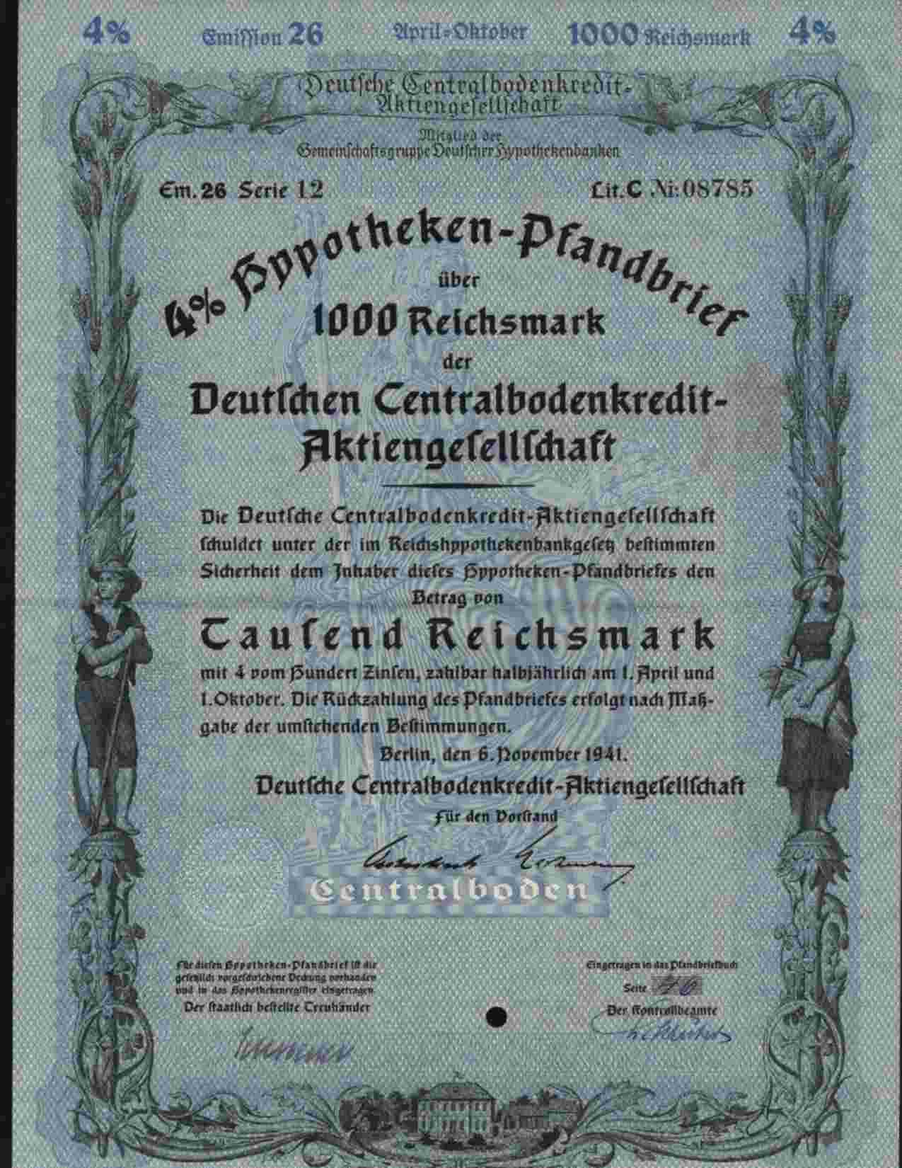 DEUTSCHEN CENTRALBODENCREDIT-AKTIENGESELLSCHAFT BERLIN 1000 REICHSMARK 4% NOV 1941 (E26) - Bank & Versicherung