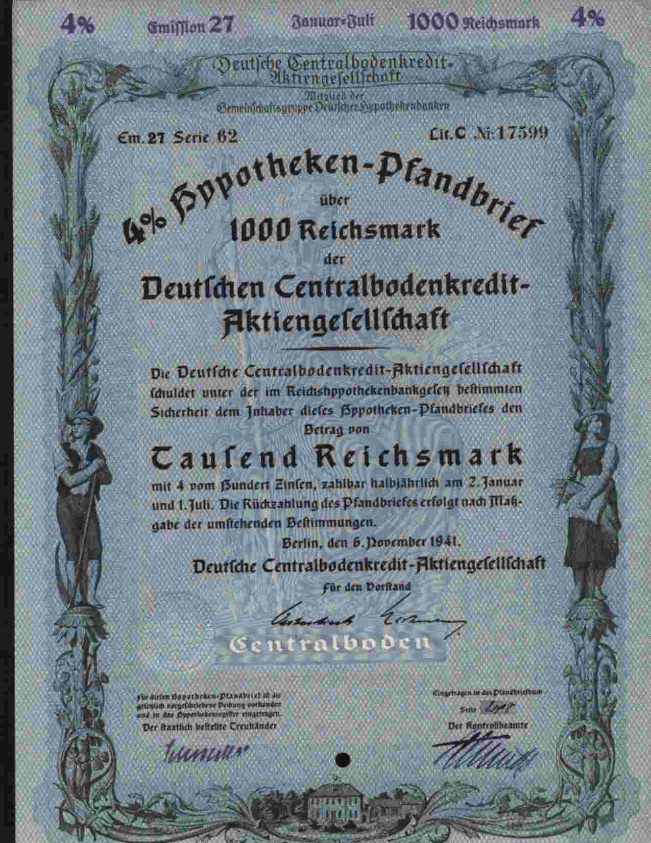 DEUTSCHEN CENTRALBODENCREDIT-AKTIENGESELLSCHAFT BERLIN 1000 REICHSMARK 4% NOV 1941 (E27) - Bank En Verzekering