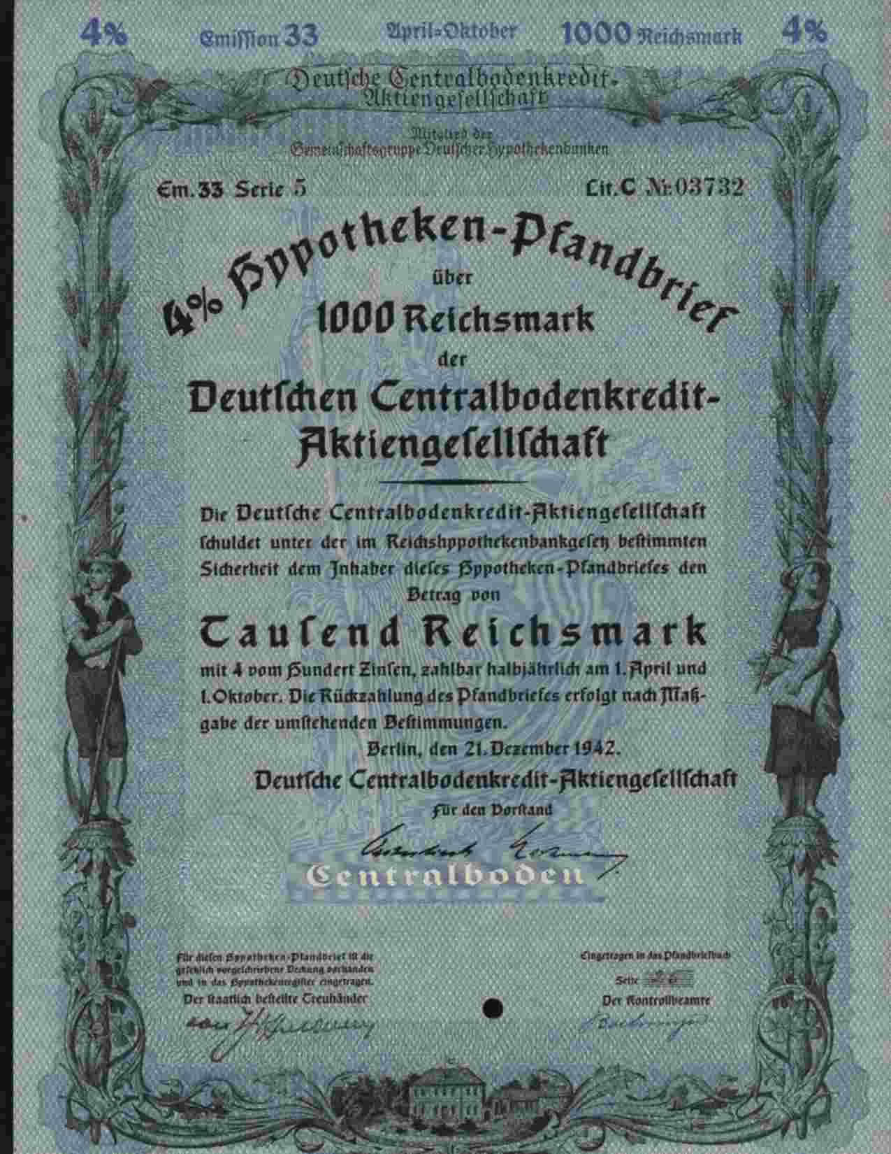 DEUTSCHEN CENTRALBODENCREDIT-AKTIENGESELLSCHAFT BERLIN 1000 REICHSMARK 4% DEC 1942 - Bank En Verzekering