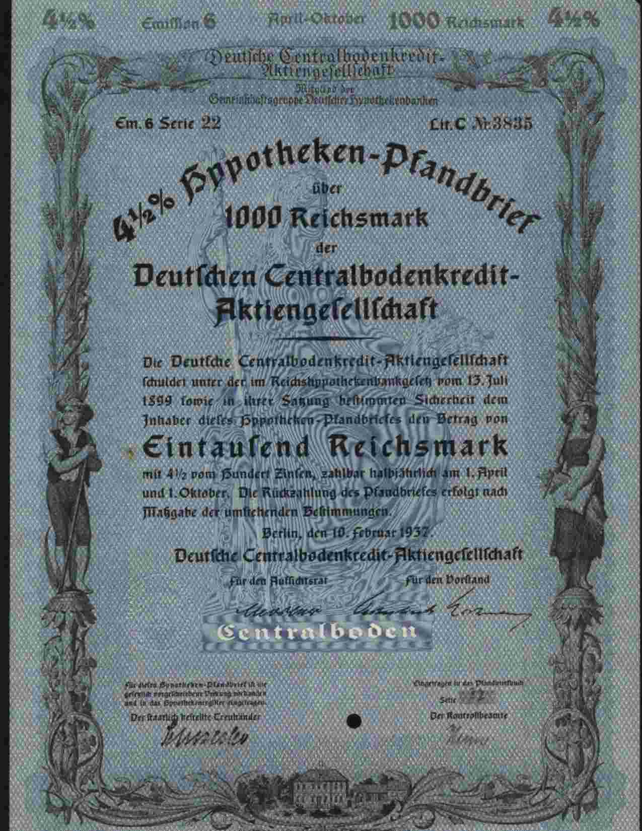 DEUTSCHEN CENTRALBODENCREDIT-AKTIENGESELLSCHAFT BERLIN 1000 REICHSMARK 4,50% FEB 1937 - Banque & Assurance