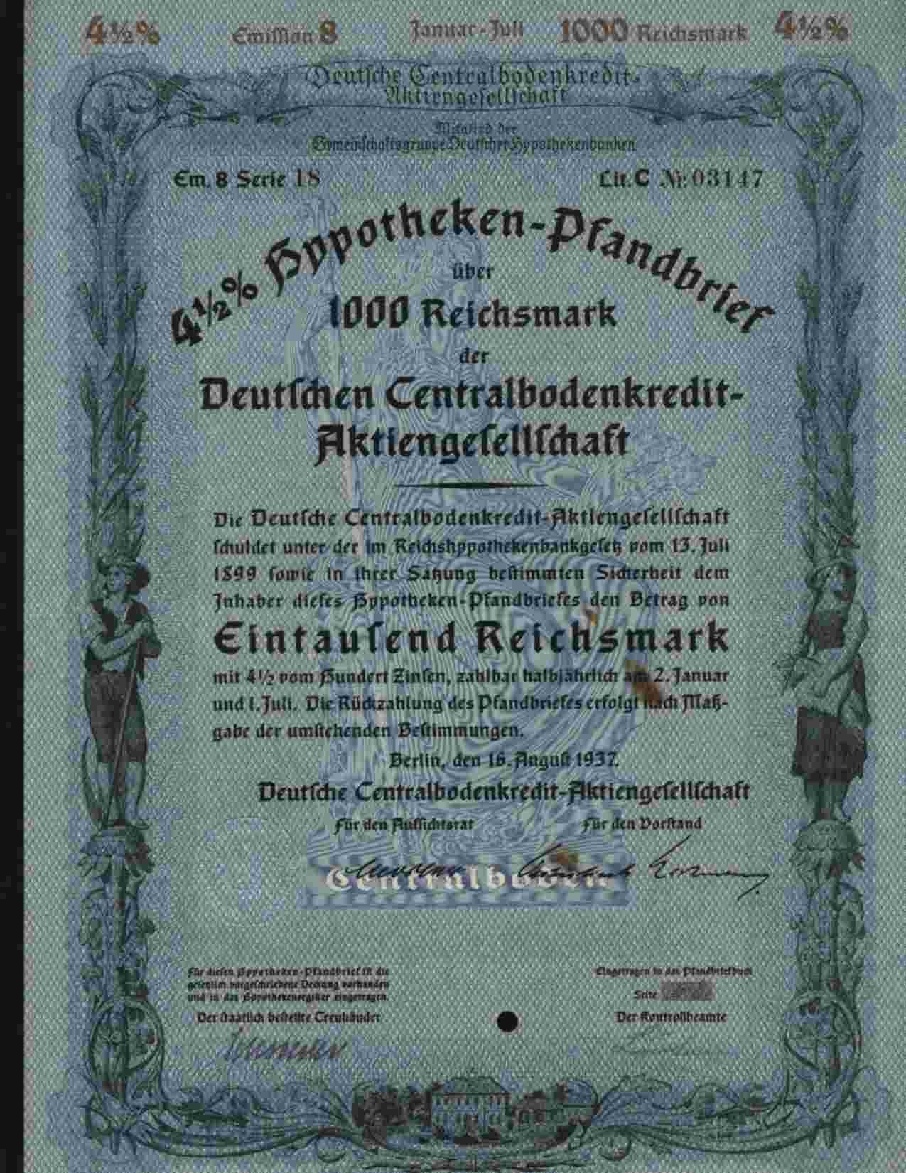 DEUTSCHEN CENTRALBODENCREDIT-AKTIENGESELLSCHAFT BERLIN 1000 REICHSMARK 4,50% AUG 1937 - Bank En Verzekering