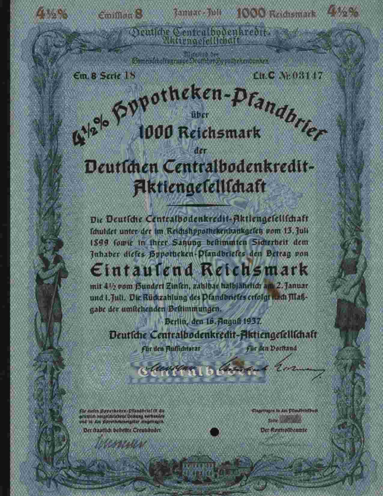 DEUTSCHEN CENTRALBODENCREDIT-AKTIENGESELLSCHAFT BERLIN 1000 REICHSMARK 4,50% AUG 1937 - Banque & Assurance