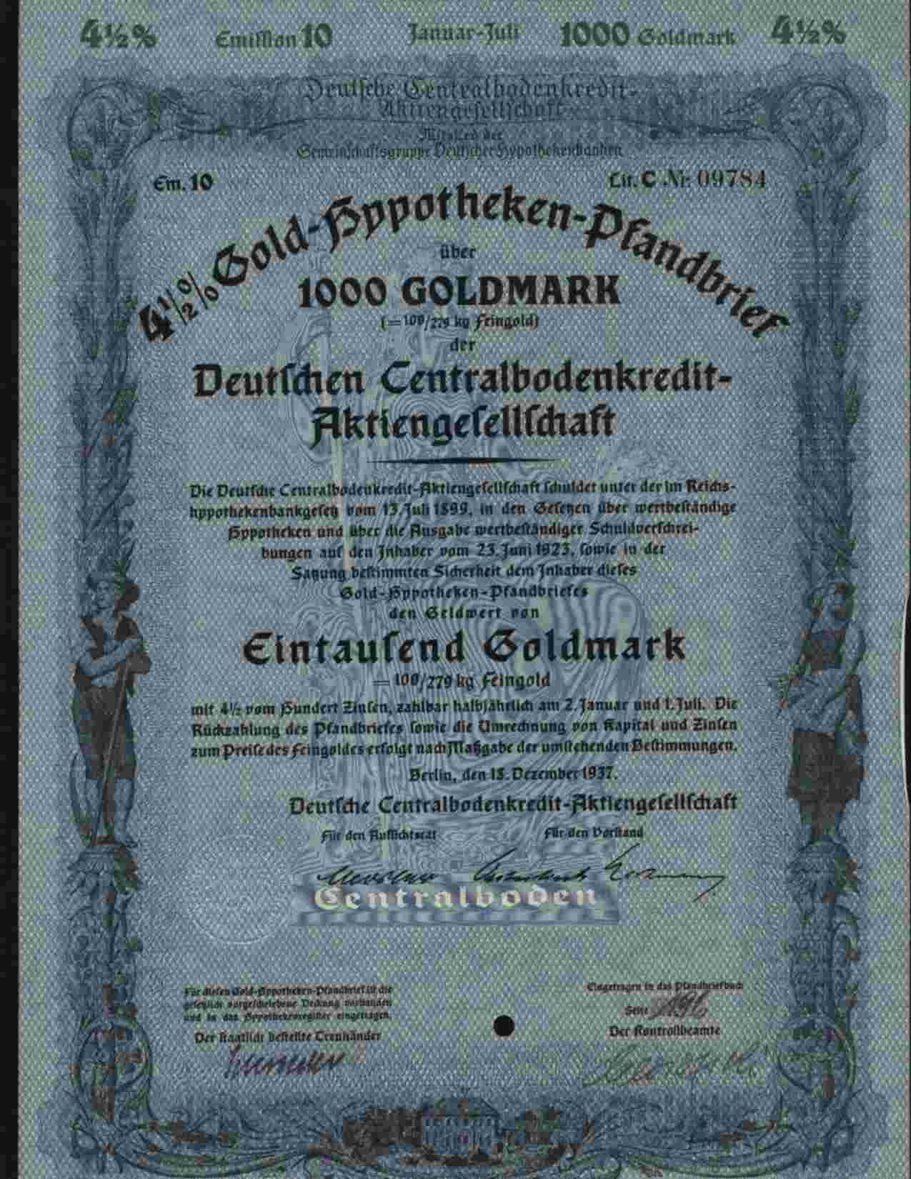 DEUTSCHEN CENTRALBODENCREDIT-AKTIENGESELLSCHAFT BERLIN 1000 REICHSMARK 4,50% DEC 1937 - Bank & Versicherung