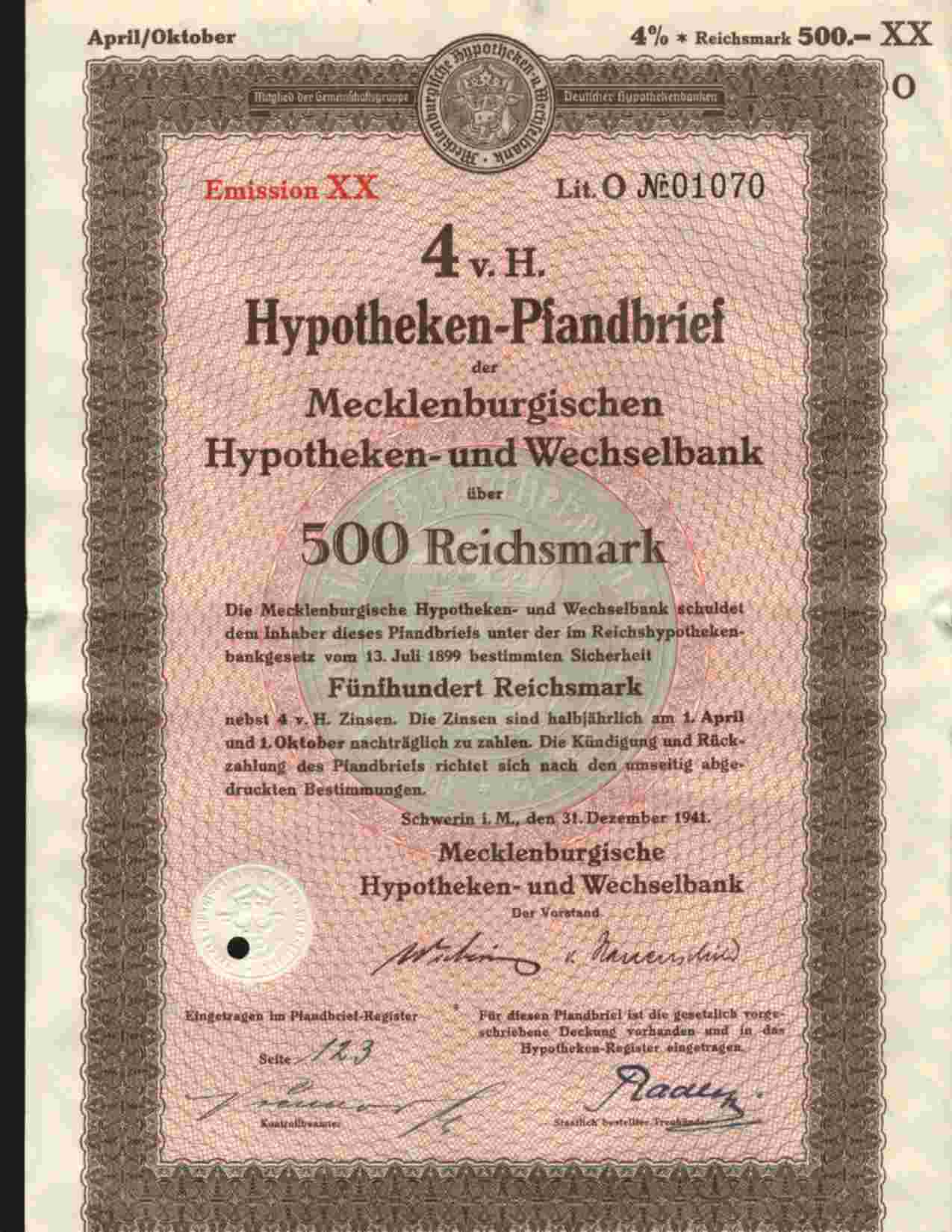 MECKLENBURGISCHEN HYPOTHEKEN UND WECHSELBANK, SCHWERIN 4% 500 REICHSMARK DEC 1941 - Bank En Verzekering